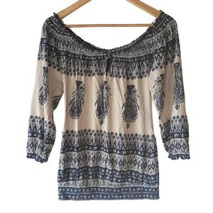 Lucky‎ Brand Boho Paisley Off Shoulder Smocked Cotton 3/4 Sleeve Top Size S